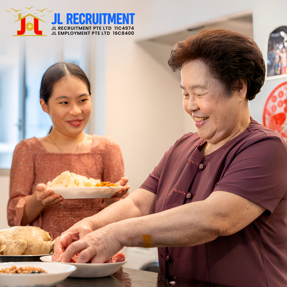 A skilled domestic helper helping a family member in a kitchen