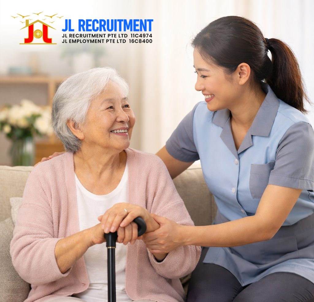 Happy elderly with caring helper