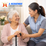 Happy elderly with caring helper